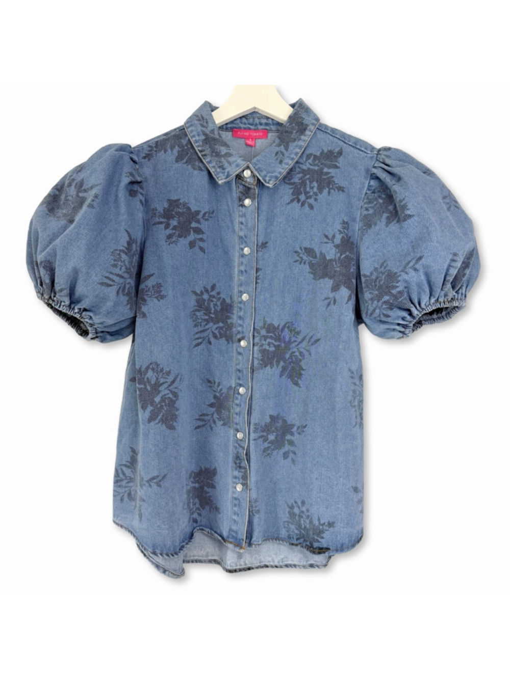 Flying Tomato Blue Floral Puff Sleeve Denim Shirt Small